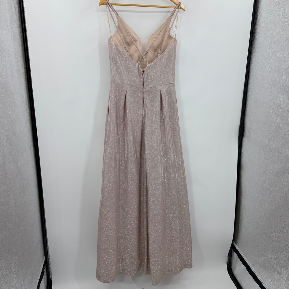 Crystal Doll Champagne Gold Glitter Gown V-Neck Pleated Maxi Dress Pockets 13 - Picture 2 of 7
